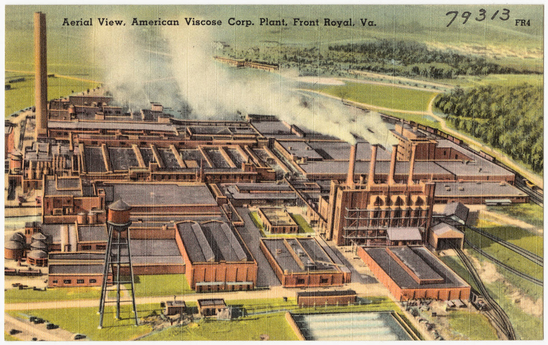 An old postcard shows an aerial view of a viscose manufacturing plant in virginia