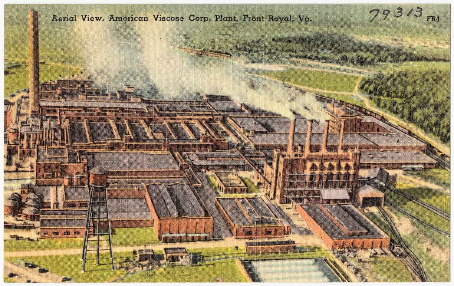 An old postcard shows an aerial view of a viscose manufacturing plant in virginia