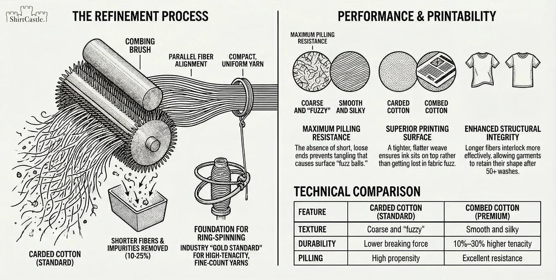 An infographic distinguishing the manufacturing process of combed cotton, also showing the positive properties of combed cotton, especially as those benefits pertain to the kind of printed shirts sold at ShirtCastle