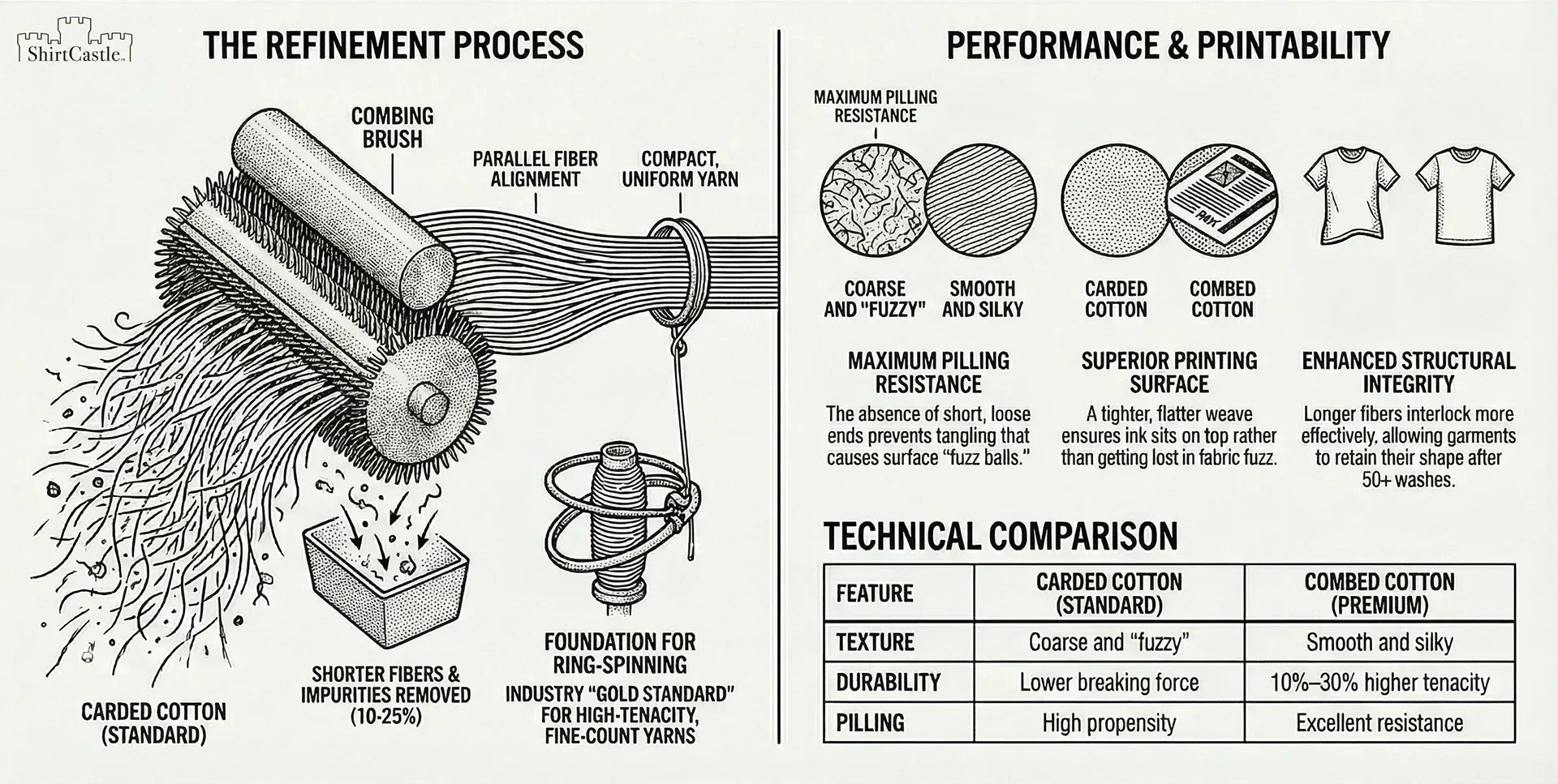 An infographic distinguishing the manufacturing process of combed cotton, also showing the positive properties of combed cotton, especially as those benefits pertain to the kind of printed shirts sold at ShirtCastle