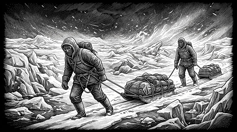 drawing of two men dragging sleds across snowy landscape wearing wool clothing 