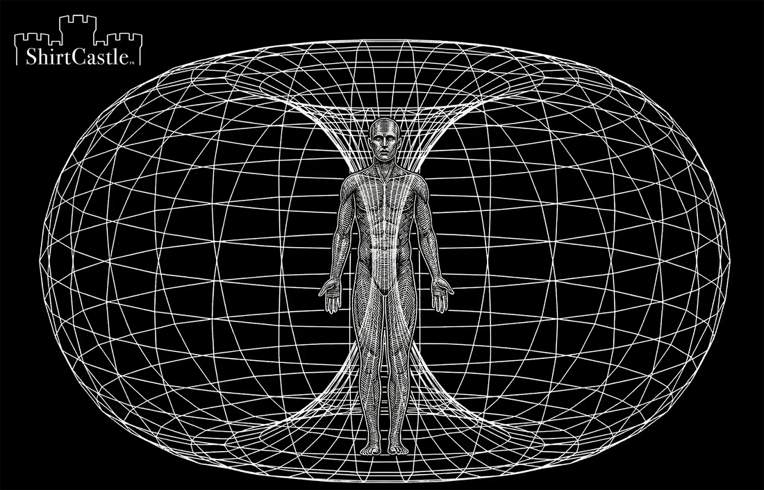 A black and white vintage-style drawing diagramming the human toroidal field, a donut-shaped magnetic field generated by the human heart