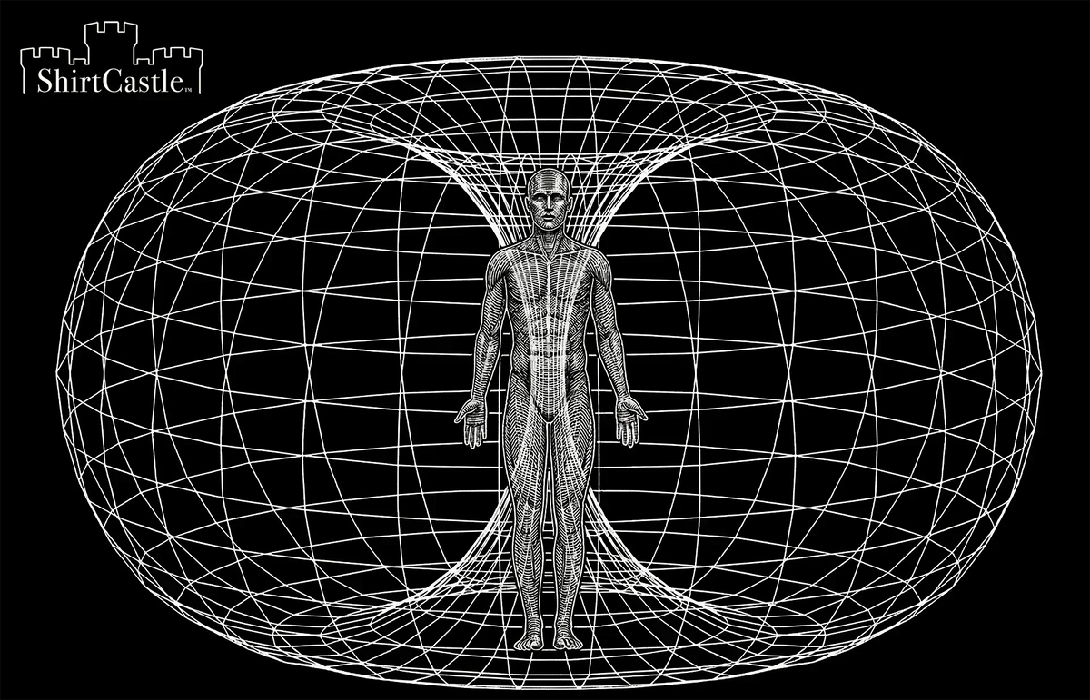 A black and white vintage-style drawing diagramming the human toroidal field, a donut-shaped magnetic field generated by the human heart