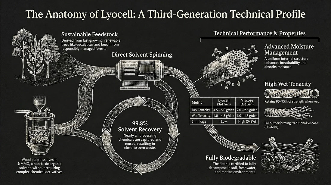 a black and white infographic describing Lyocell's manufacturing and properties