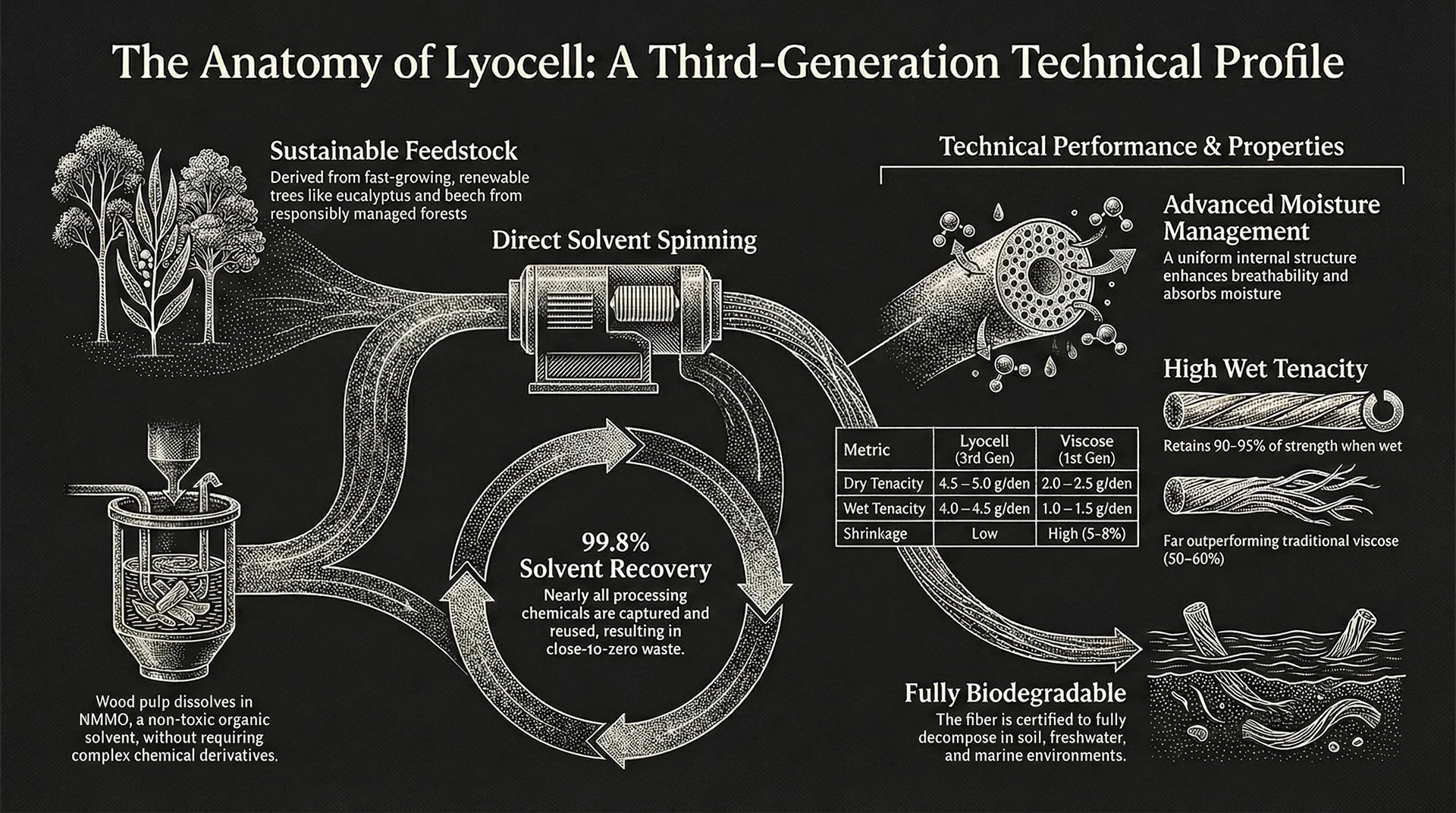 a black and white infographic describing Lyocell's manufacturing and properties