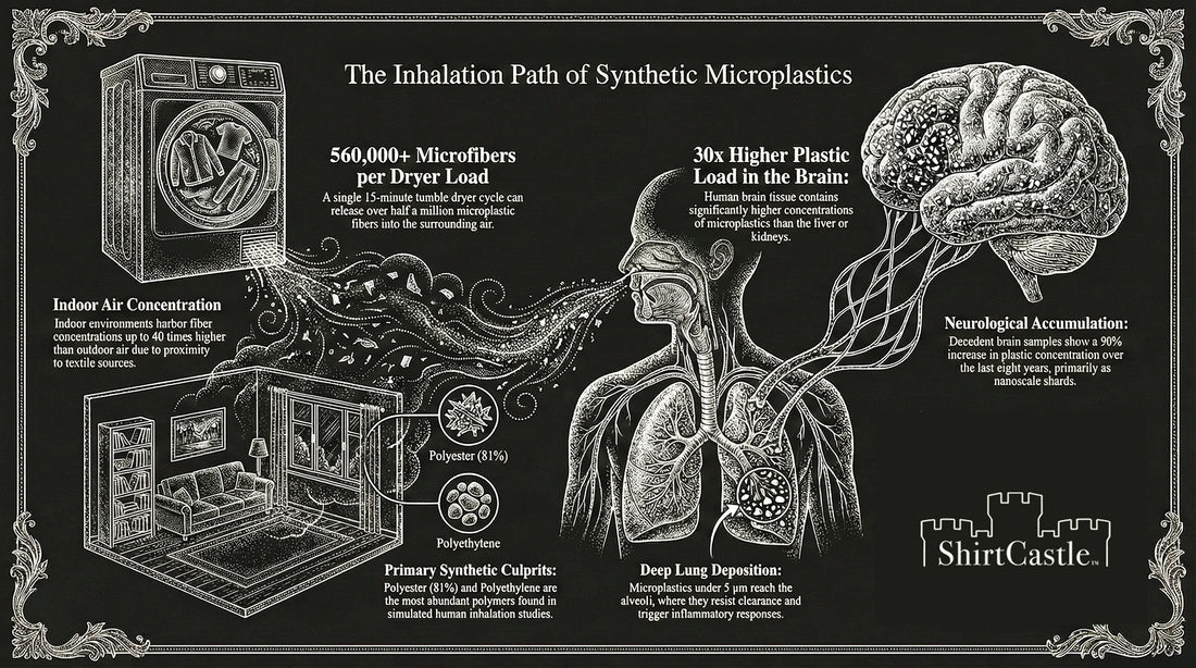 A black and white line-drawing infographic about polyester clothing shedding microplastics into indoor air and contaminating the human body