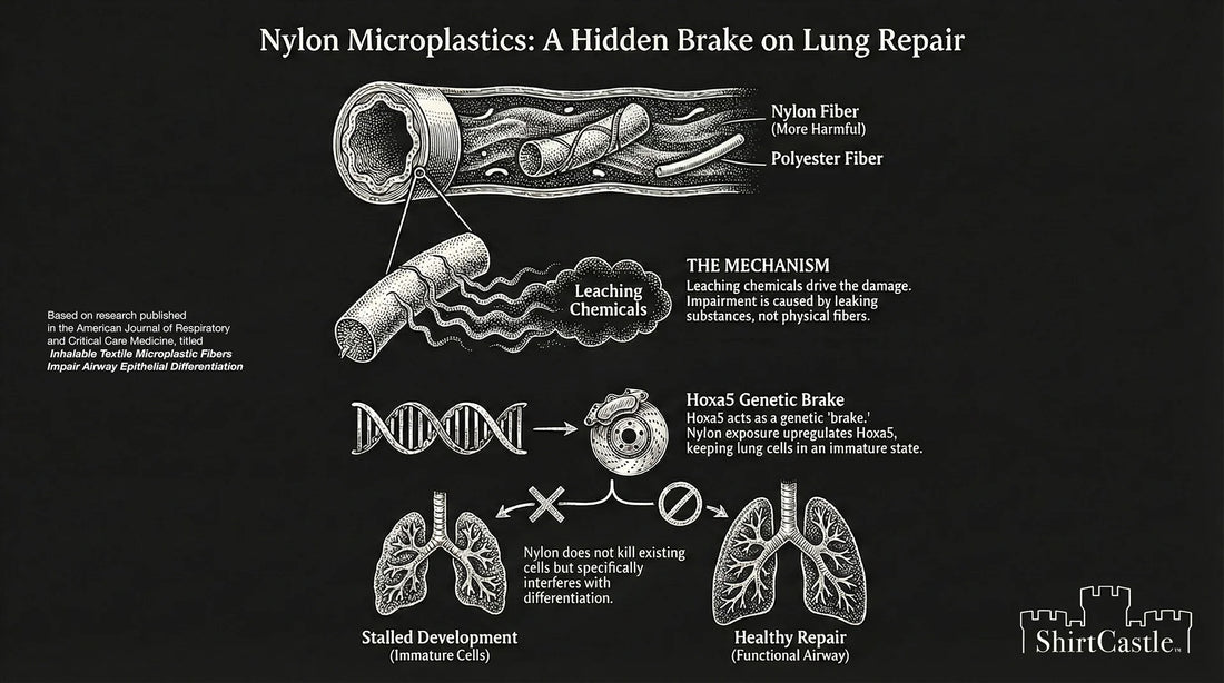 A black and white ShirtCastle infographic depicting the science of Nylon microplastics releasing chemicals in the lungs that genetically inhibit proper cell growth 