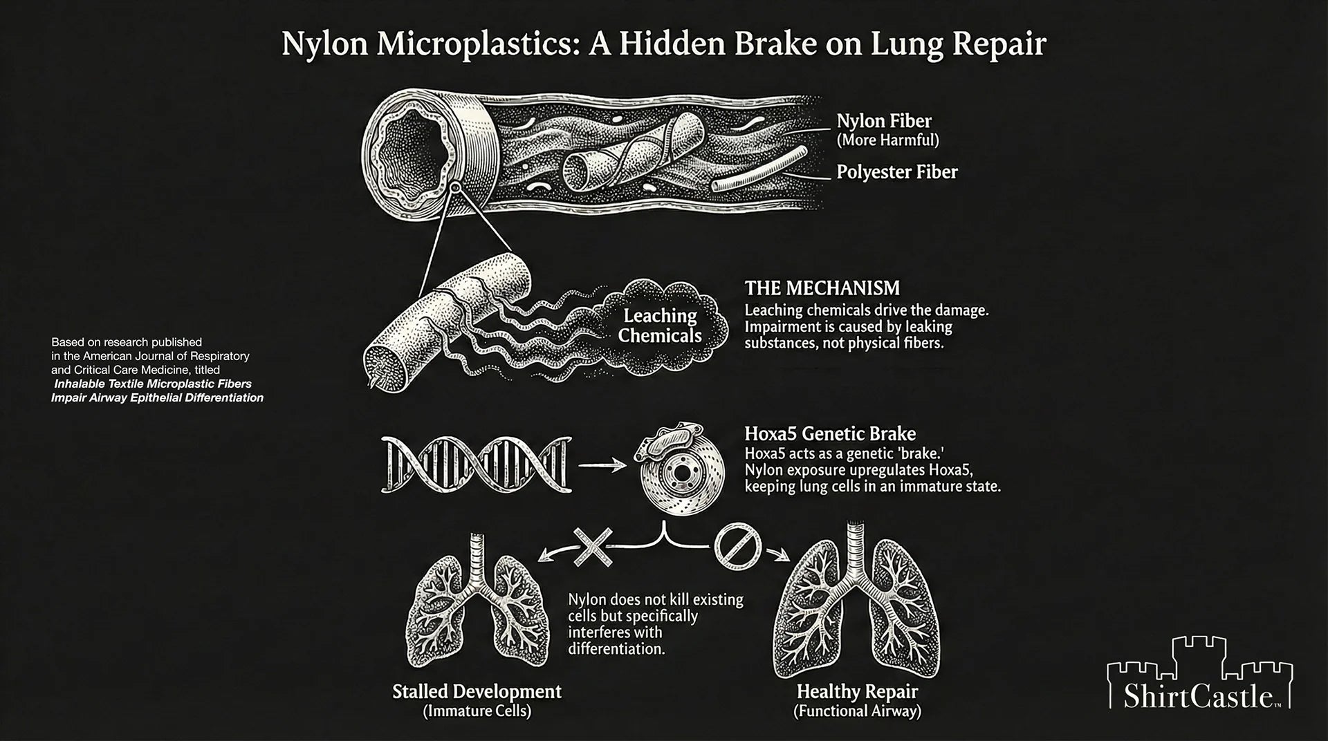 A black and white ShirtCastle infographic depicting the science of Nylon microplastics releasing chemicals in the lungs that genetically inhibit proper cell growth 