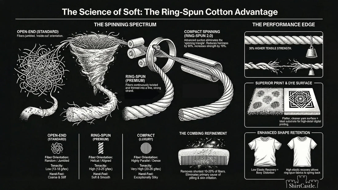 A black and white. infographic showing the process and science behind ring-spun cotton versus conventional cotton