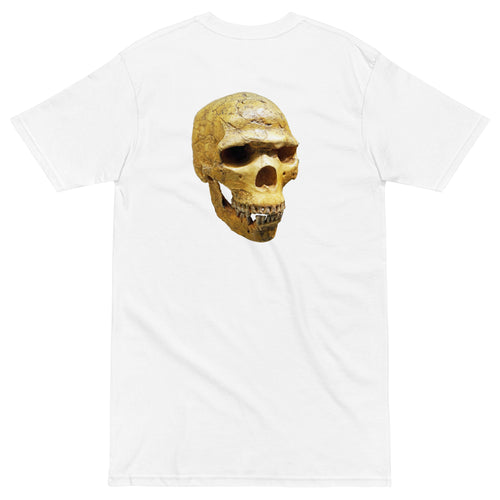 White t-shirt with a graphic of a gold Neanderthal skull on a white background