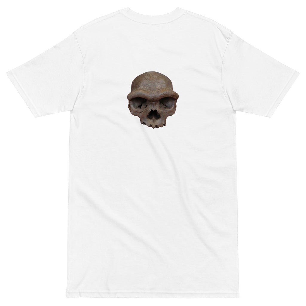 White T-shirt with a denisovan skull on it against a white background
