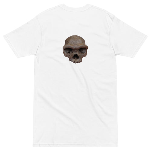 White T-shirt with a denisovan skull on it against a white background