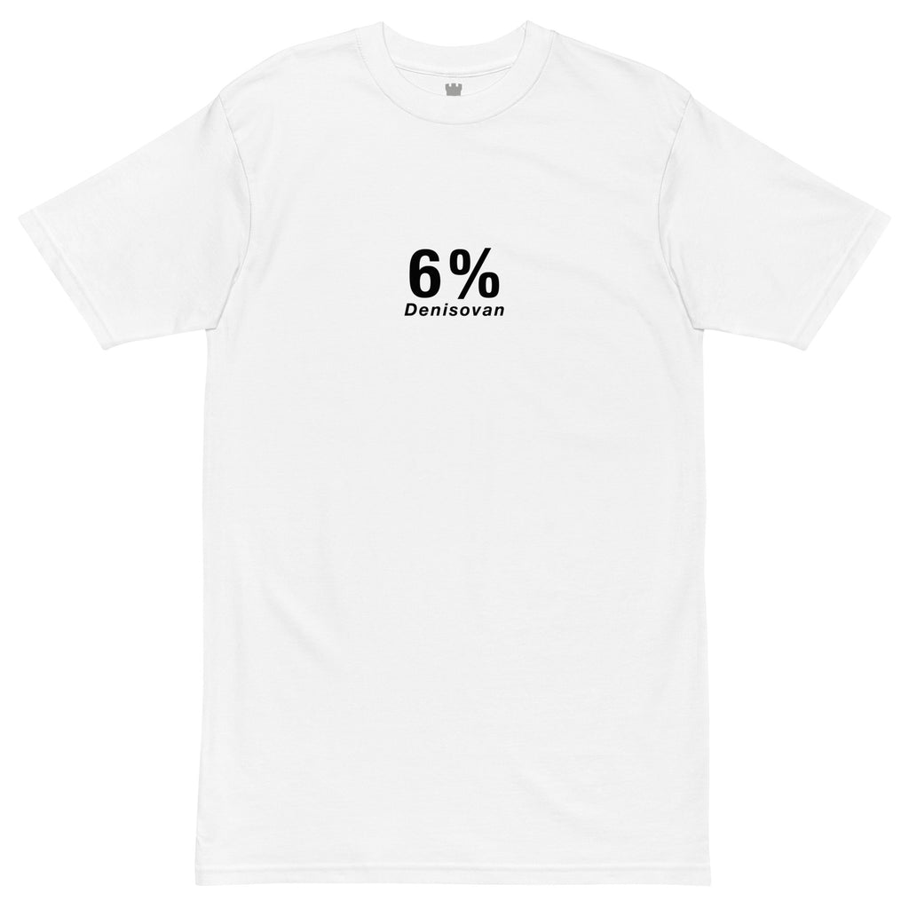 white tshirt with 6%Denisovan written on it on white background