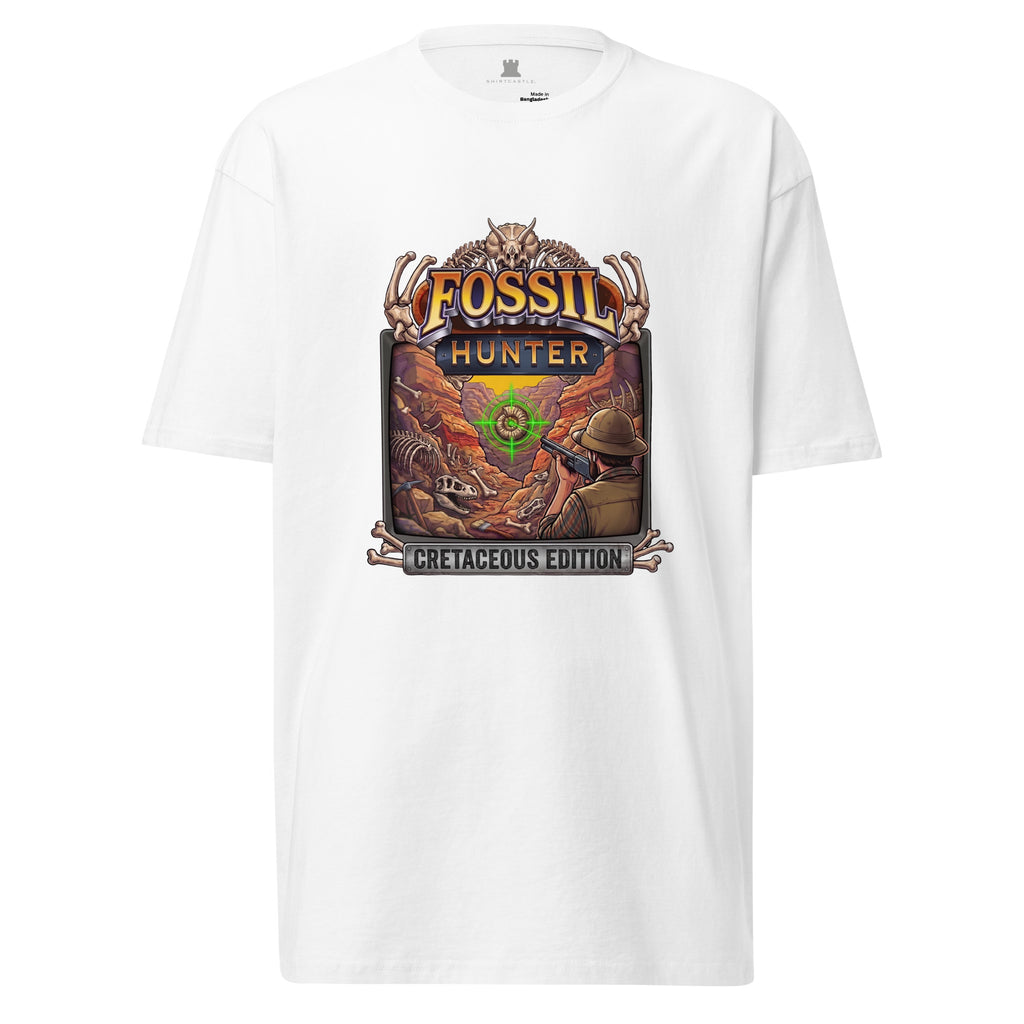 A white 100% cotton short-sleeve crewneck graphic t-shirt printed direct to garment on the front with a colorful graphic of a paleontologist fossil hunter targeting ammonite in his crosshairs with a pump action weapon in a parody of classic arcade hunting games, shown against a white background. 
