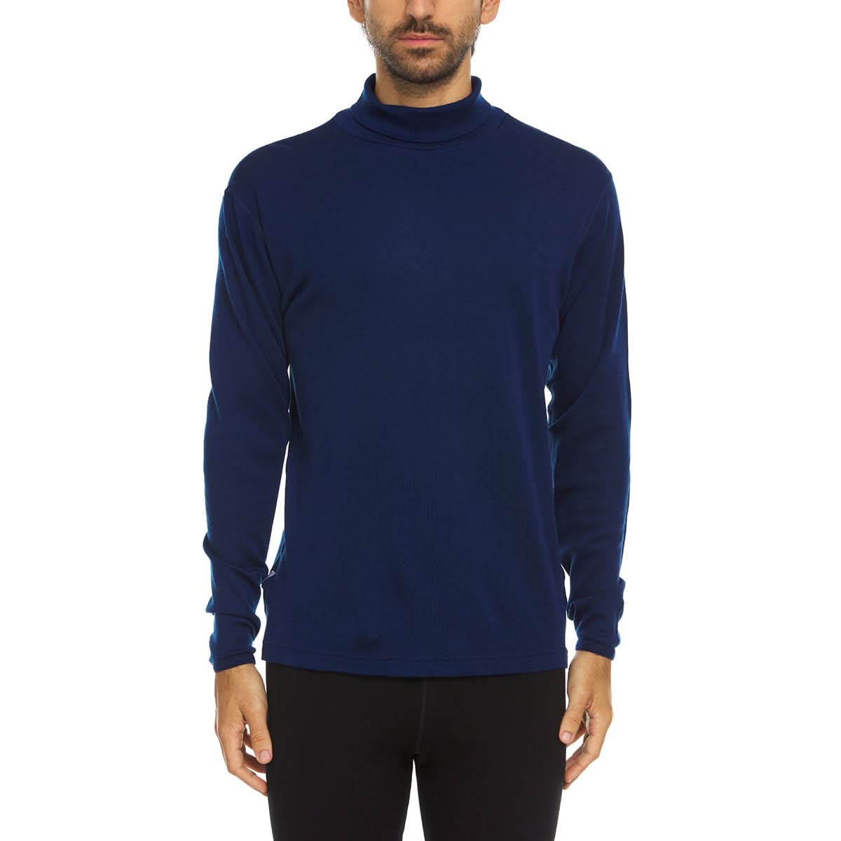 Alt text: A man wearing a navy blue 100 percent merino wool turtleneck shown from the waist up against a solid white background.