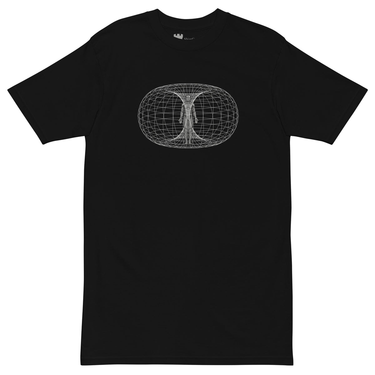 Black heavyweight all cotton t-shirt printed with the human toroidal field, alone  on a white background