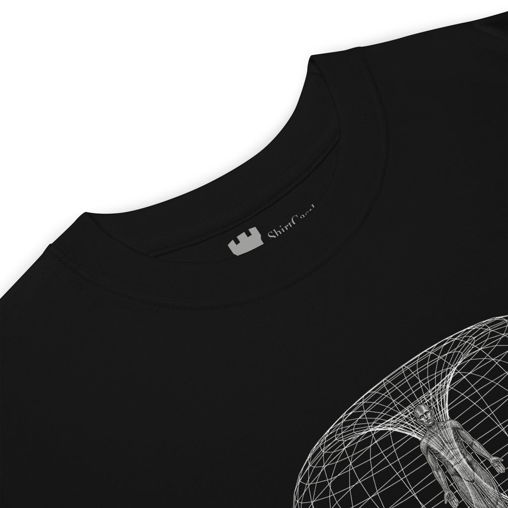 Black heavyweight all cotton t-shirt with white logo on a white background