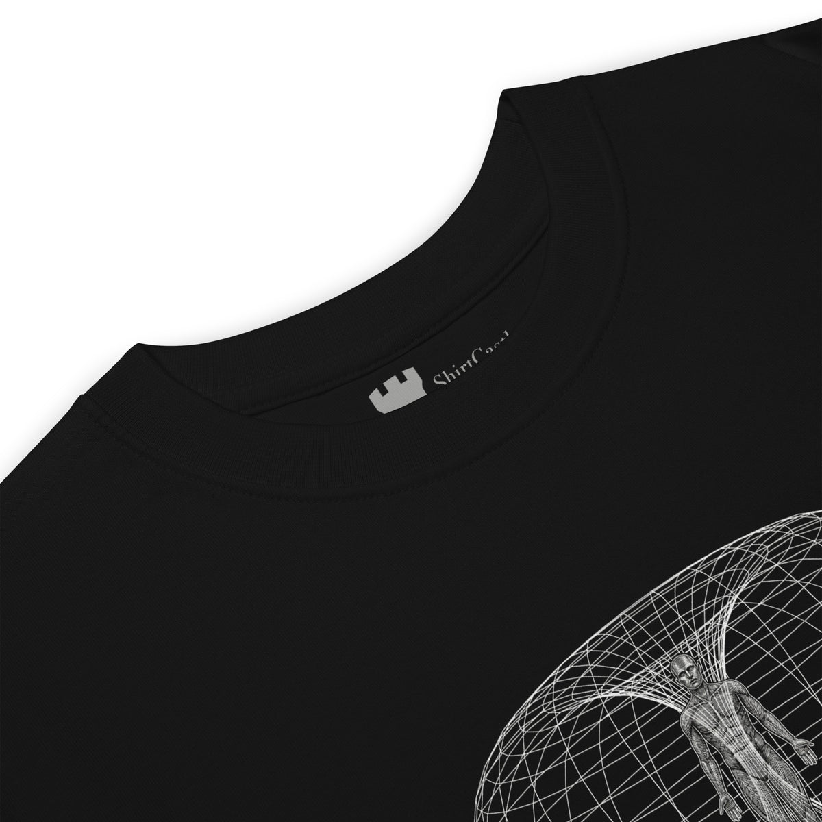 Black heavyweight all cotton t-shirt with white logo on a white background