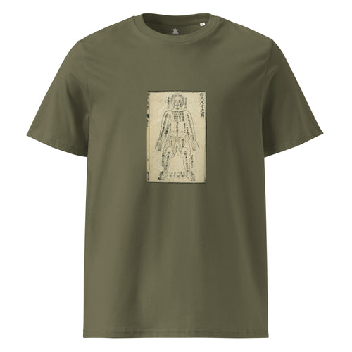 Green t-shirt with a printed design on a white background