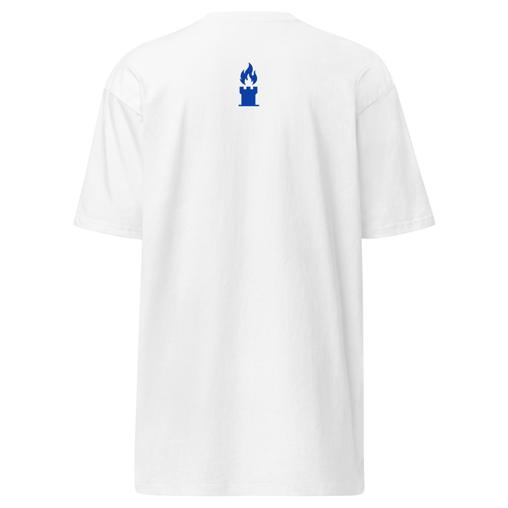 White t-shirt with a blue logo on the chest against a white background