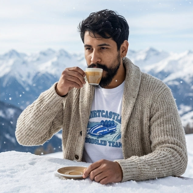 Man drinking coffee in the snow with mountains in the background