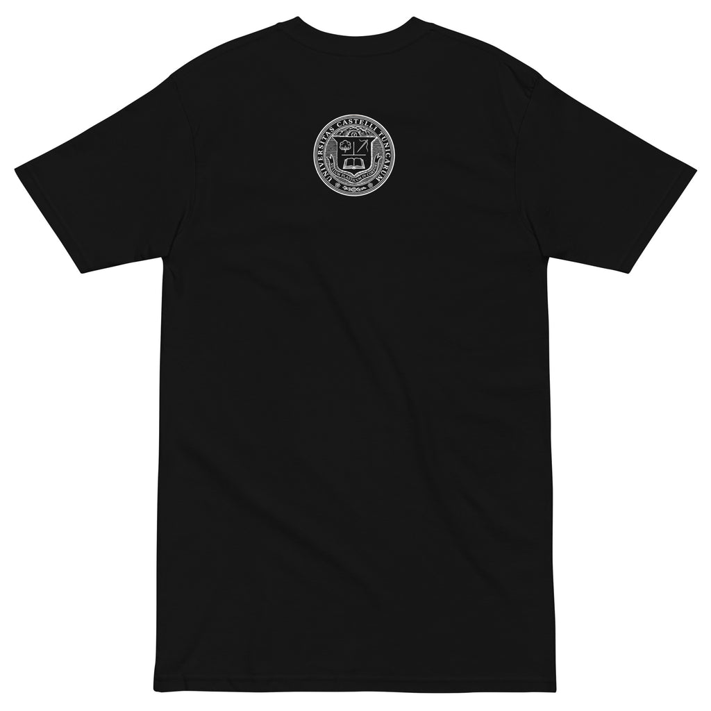 Black 100 percent cotton heavyweight t-shirt seen from the back with the sealof the fictional ShirtCastle university on the nape