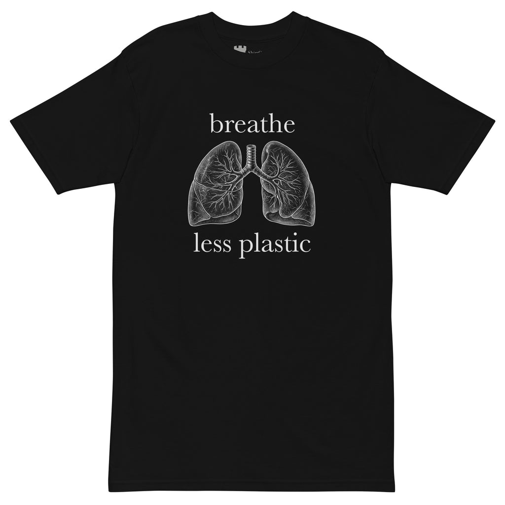 Black 100 percent cotton heavyweight t-shirt with an antique-style line drawing of human lungs and the words Breathe Less Plastic