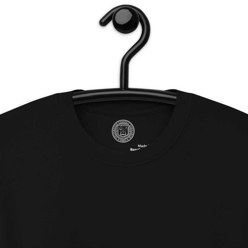 Black t-shirt with a visible brand logo on a white background