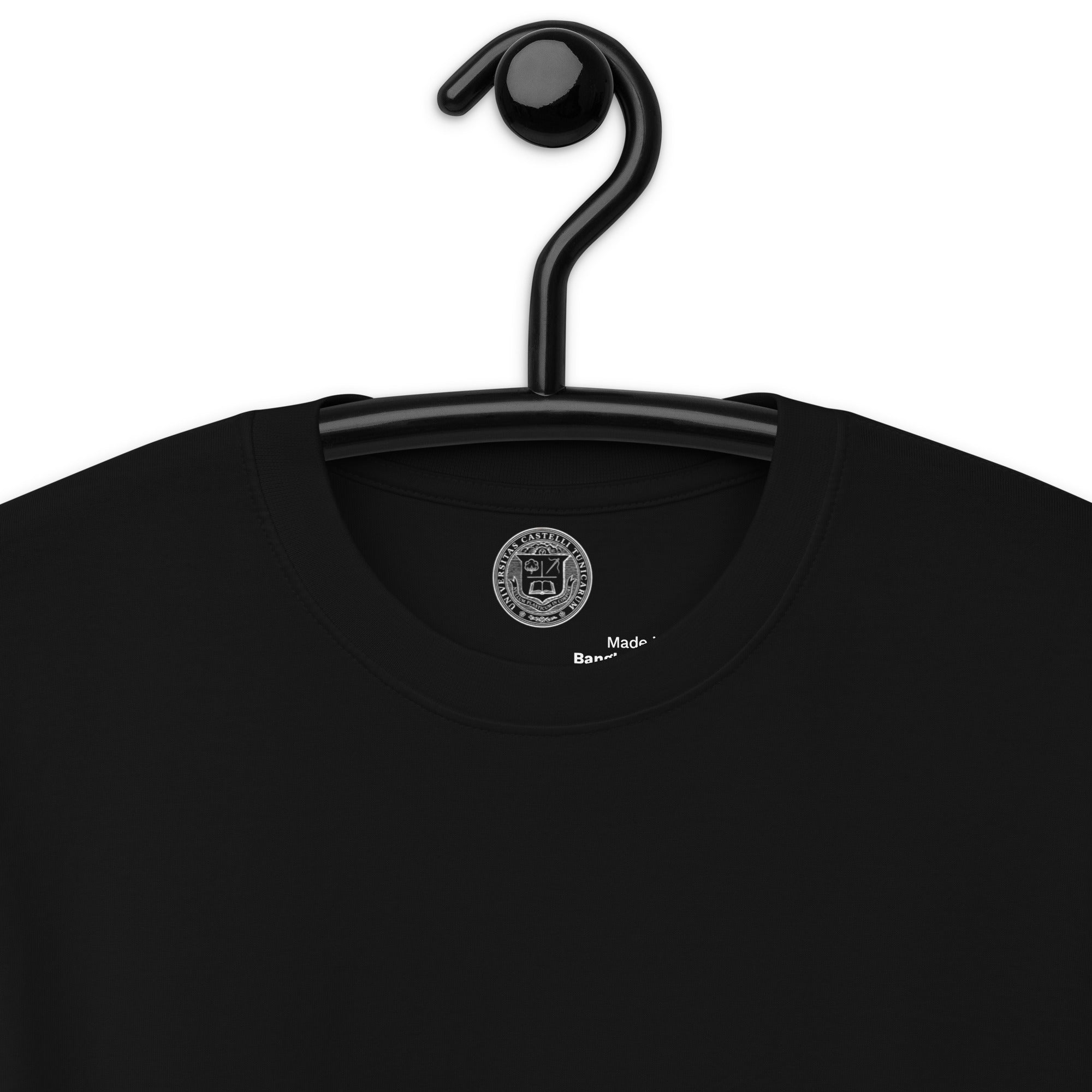 Black t-shirt with a visible brand logo on a white background
