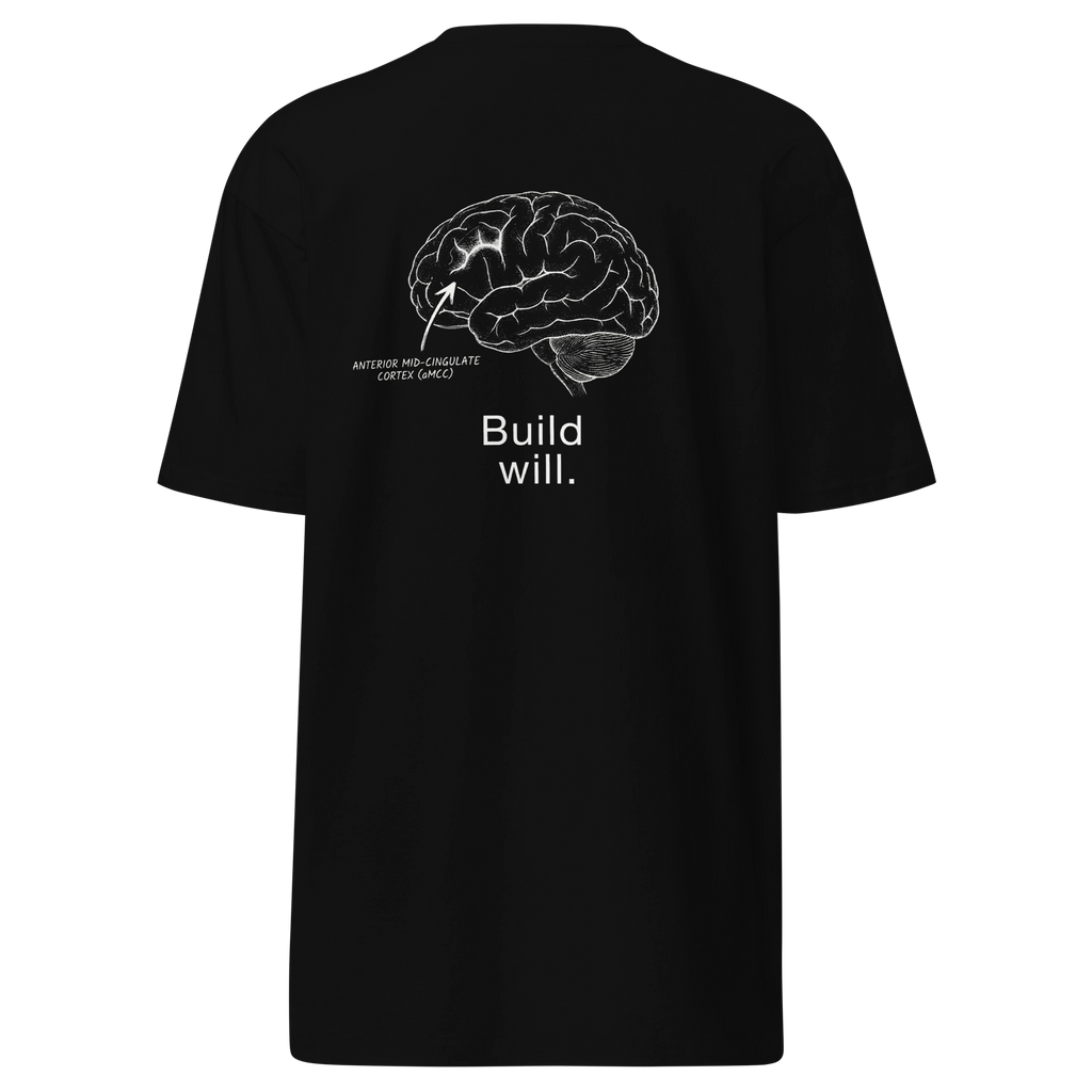 Black t-shirt with brain diagram and text on a white background