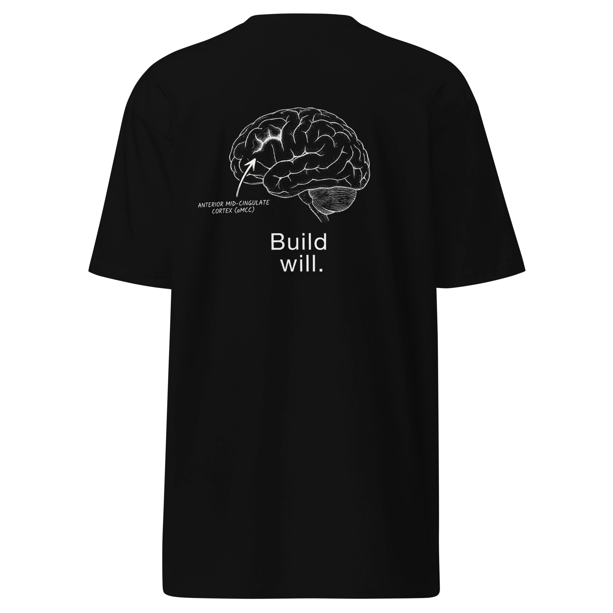 Black t-shirt with brain diagram and text on a white background