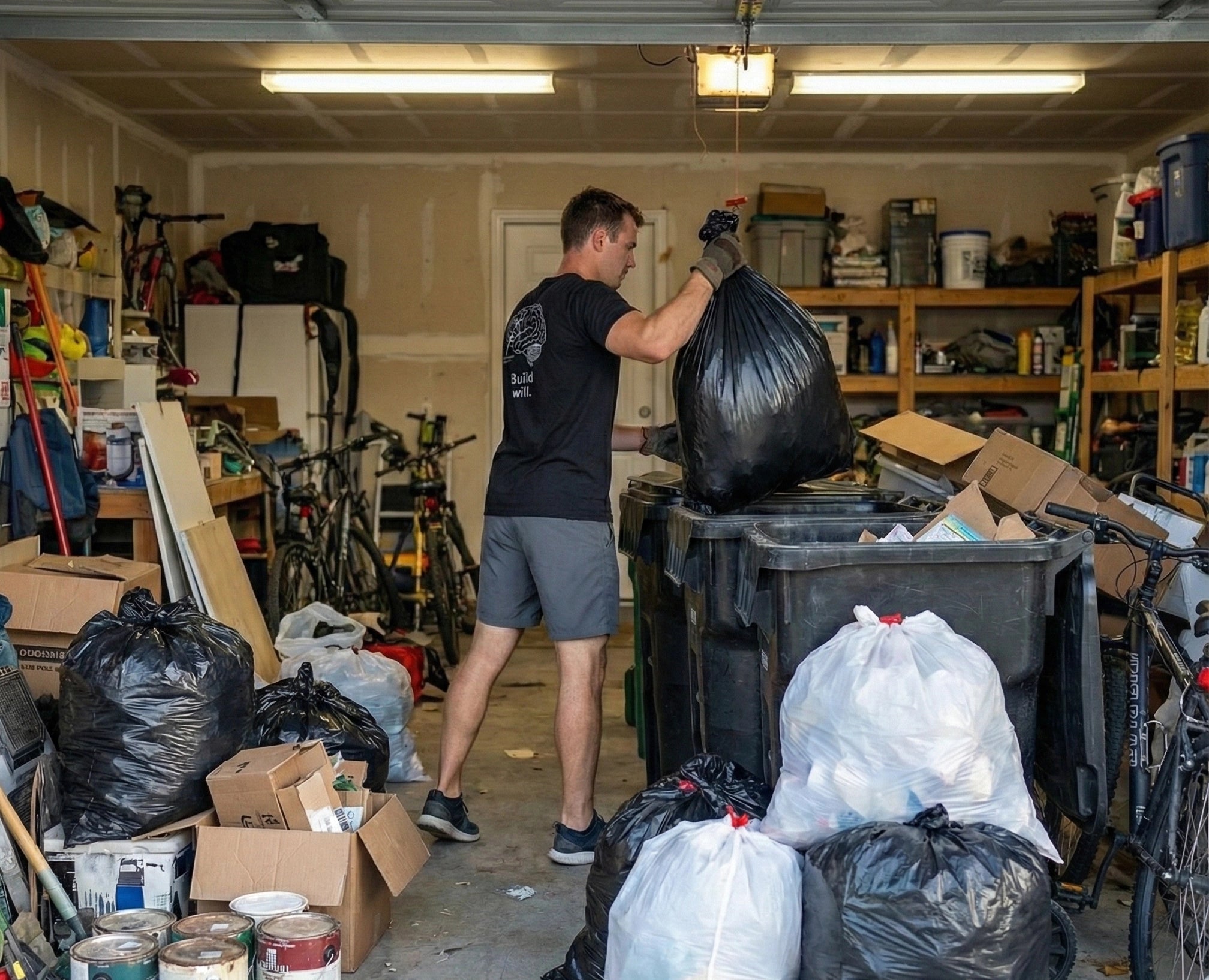 Person sorting through trash in a cluttered garage wearing a ShirtCastle tee 