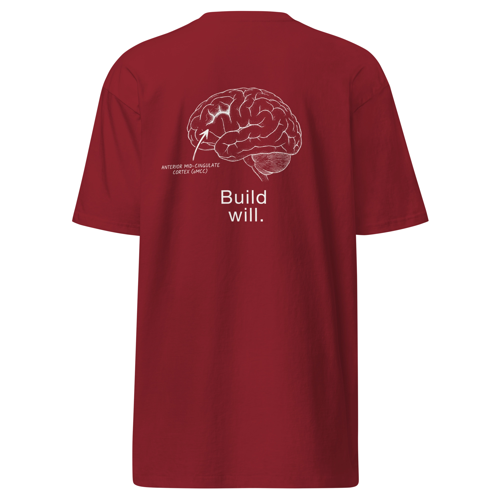 Red t-shirt with a brain illustration and 'Build Will' text on the back against a white background