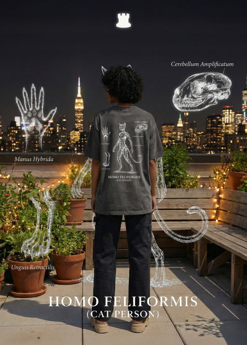 Person wearing a shirt with 'Homo Fелиformis' design on a rooftop with cityscape background