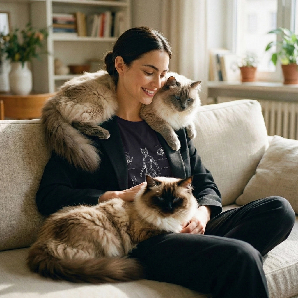 Woman sitting on a couch with two cats, surrounded by a cozy living room, wearing a cat person t shirt