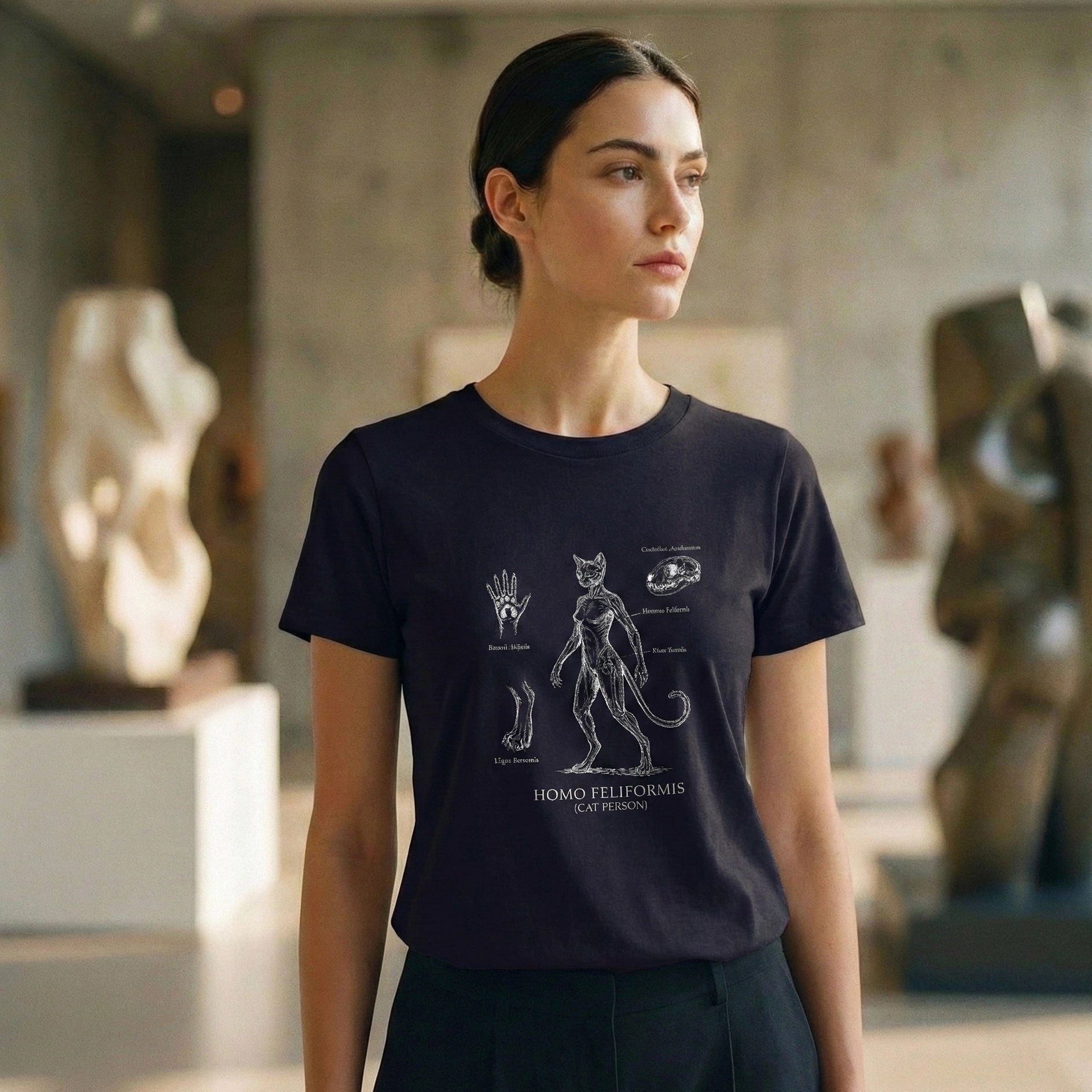 Woman wearing a black t-shirt with a cat person graphic design in an art gallery setting