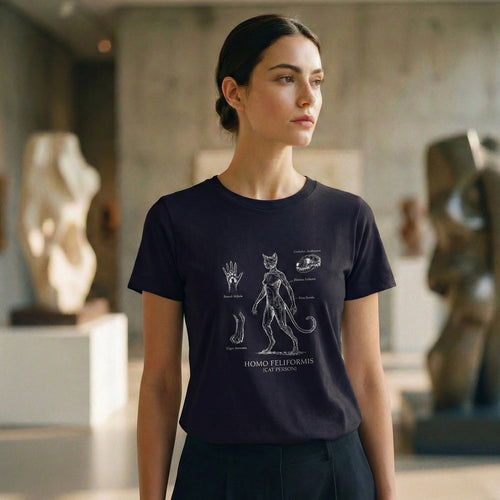 Woman wearing a black t-shirt with a cat person graphic design in an art gallery setting