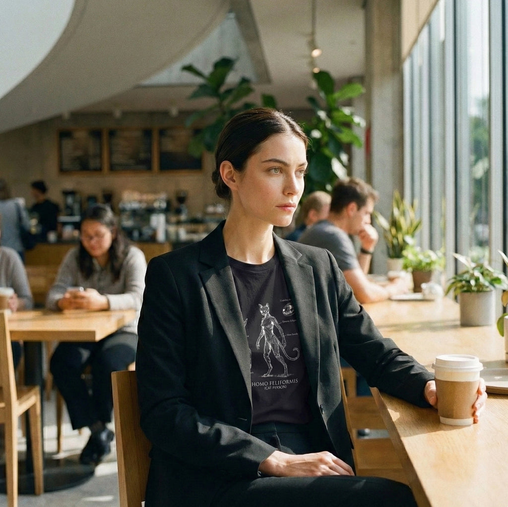 Woman sitting at a cafe table with a coffee cup, surrounded by other patrons, wearing a shirtcastle cat person shirt