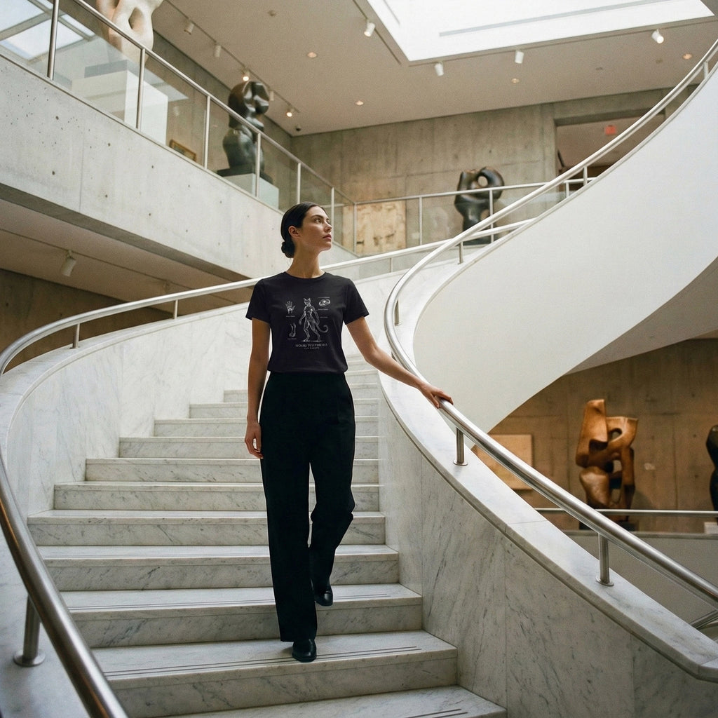 Person walking up a spiral staircase in a modern building interior in a cat person t shirt