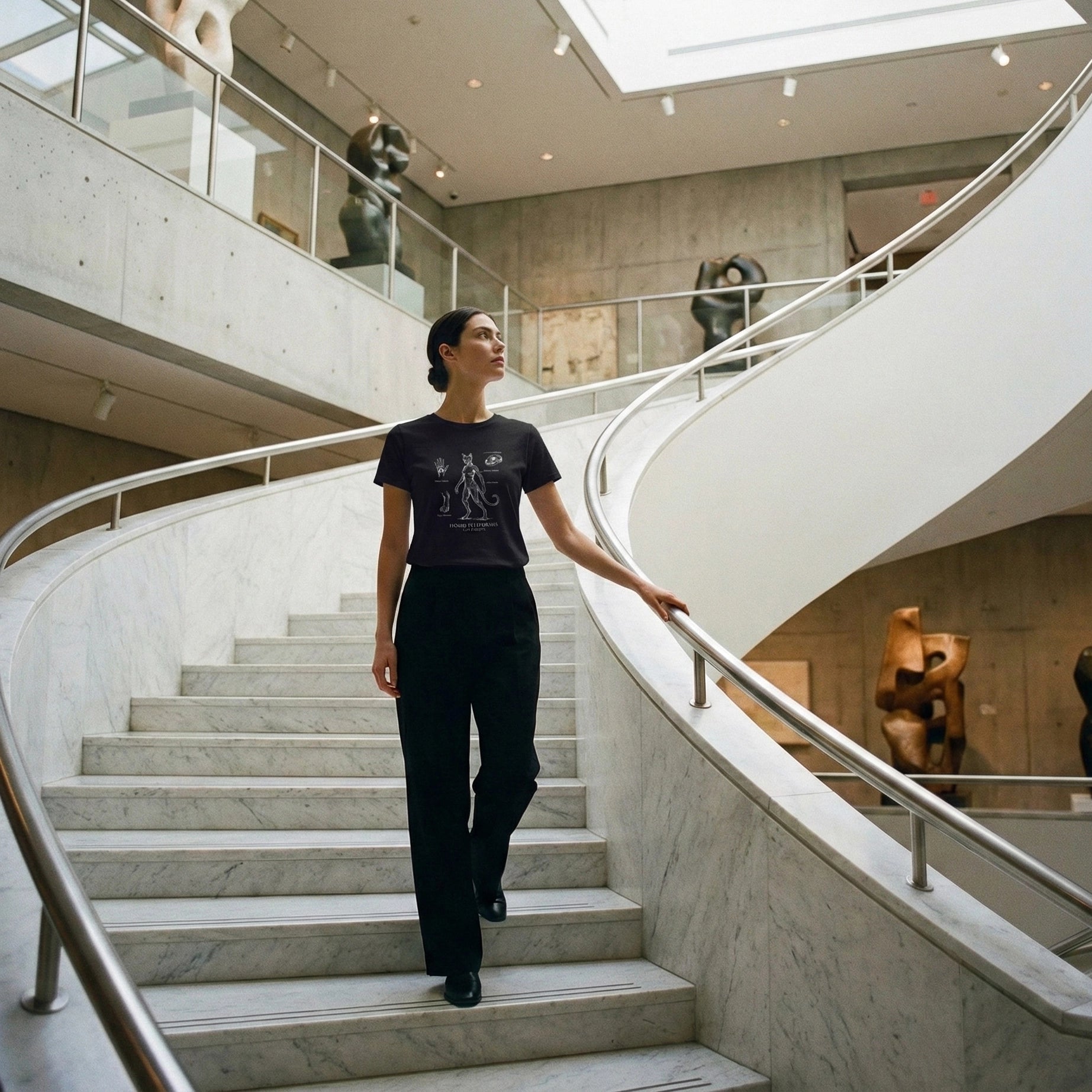 Person walking up a spiral staircase in a modern building interior in a cat person t shirt