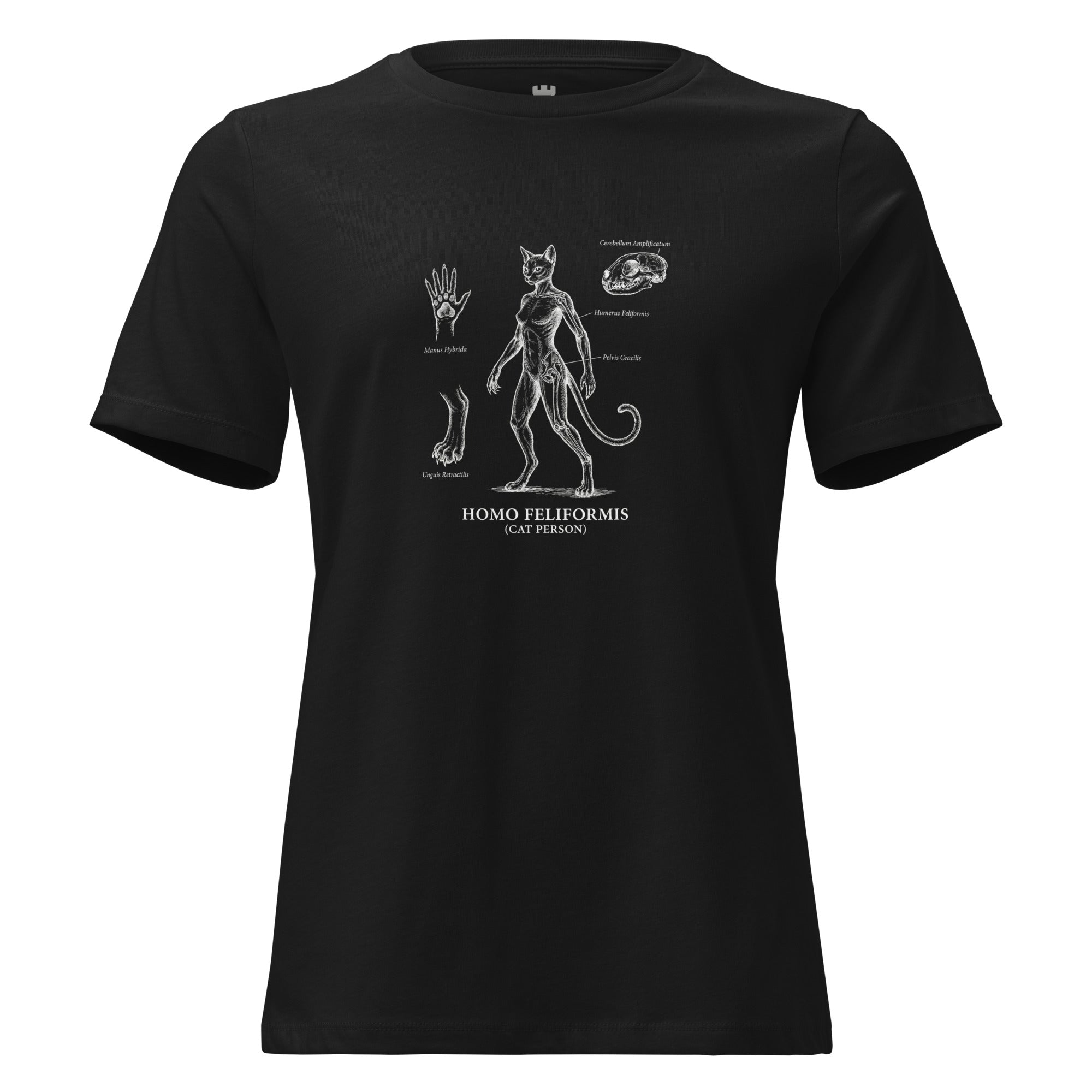 Black t-shirt with white graphic design on a white background