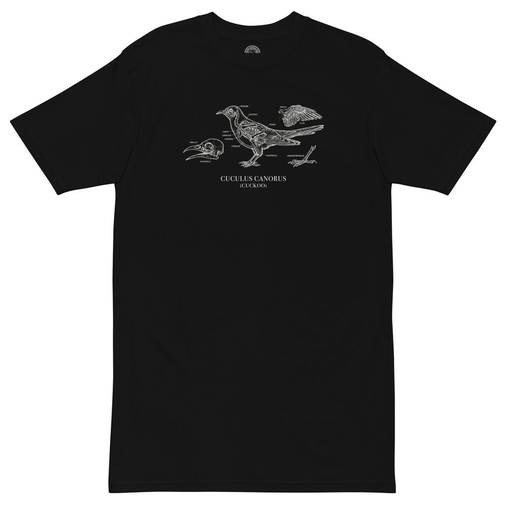 Black t-shirt with white graphic design on a white background