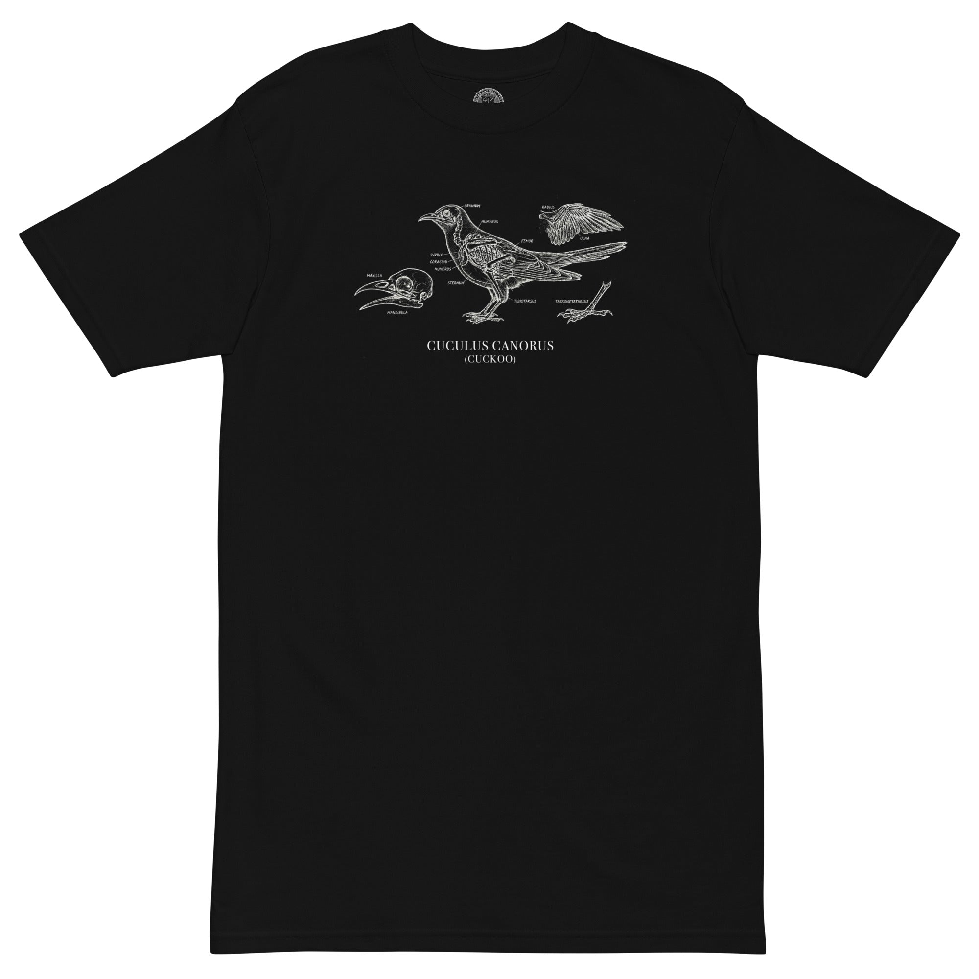 Black t-shirt with white graphic design on a white background