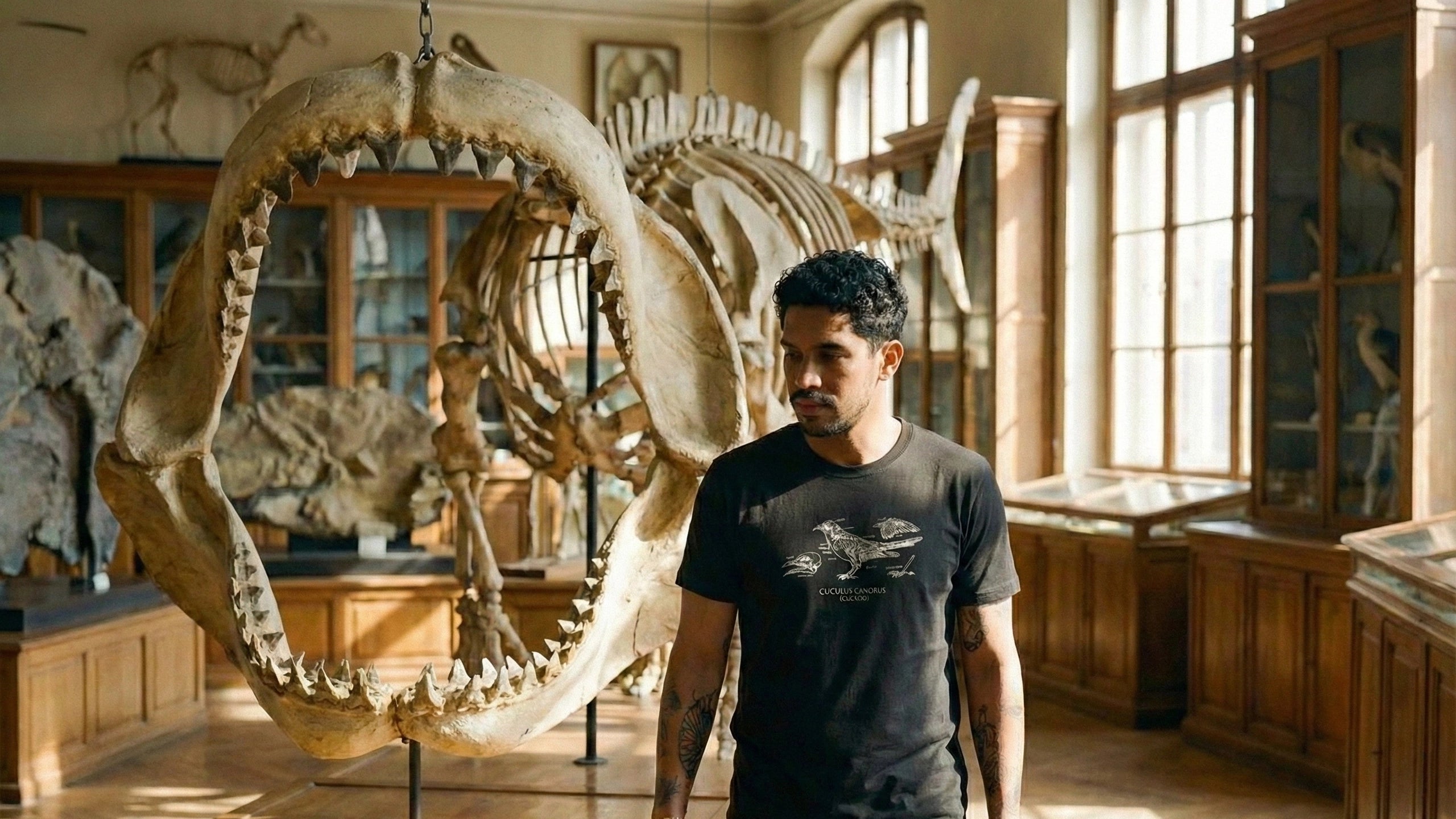 Man standing in a museum with dinosaur skeletons and exhibits.