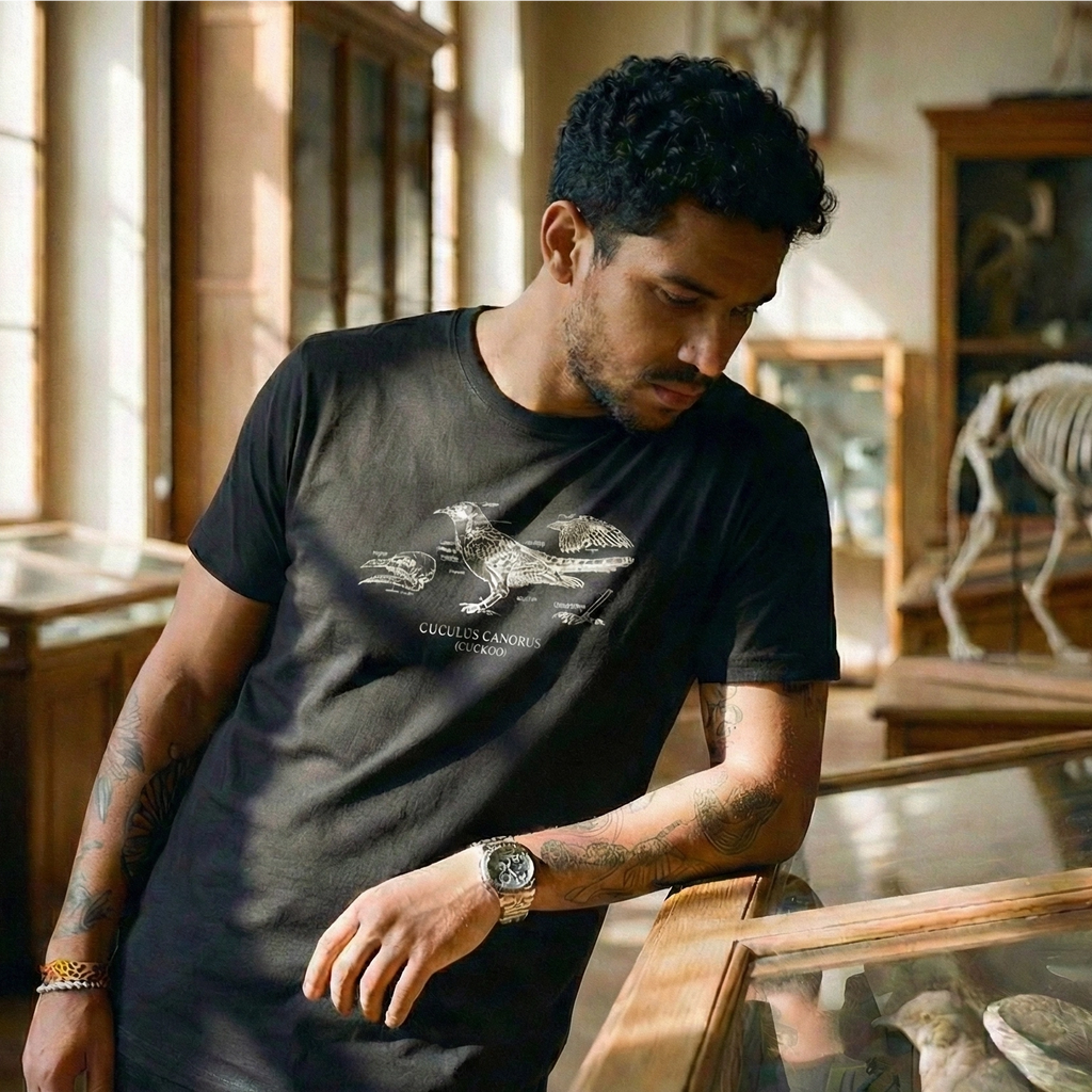 Man wearing a black t-shirt with a graphic design, sitting indoors.