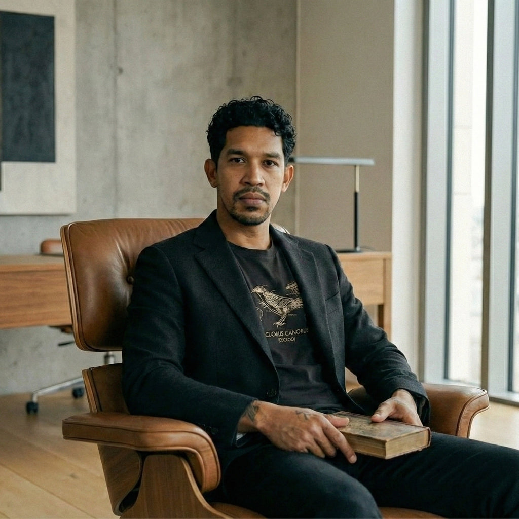 Man sitting in a leather chair holding a book in a modern office setting