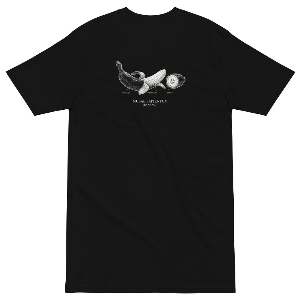 Black t-shirt with a graphic design of bananas on the chest area against a white background