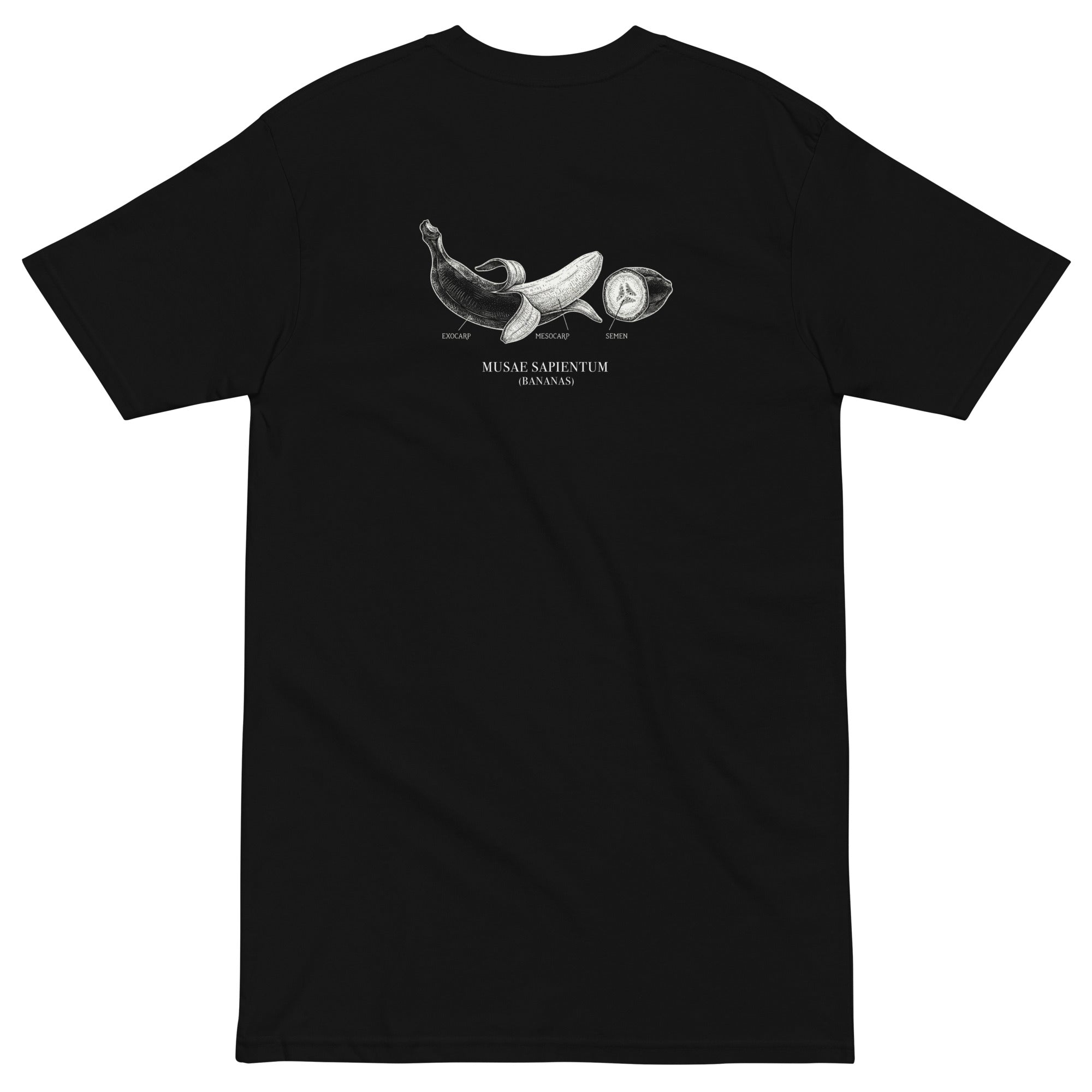 Black t-shirt with a graphic design of bananas on the chest area against a white background