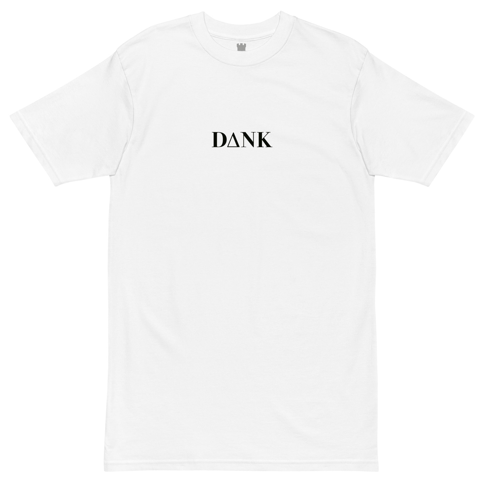 white t shirt says dank on it but the A is a delta symbol