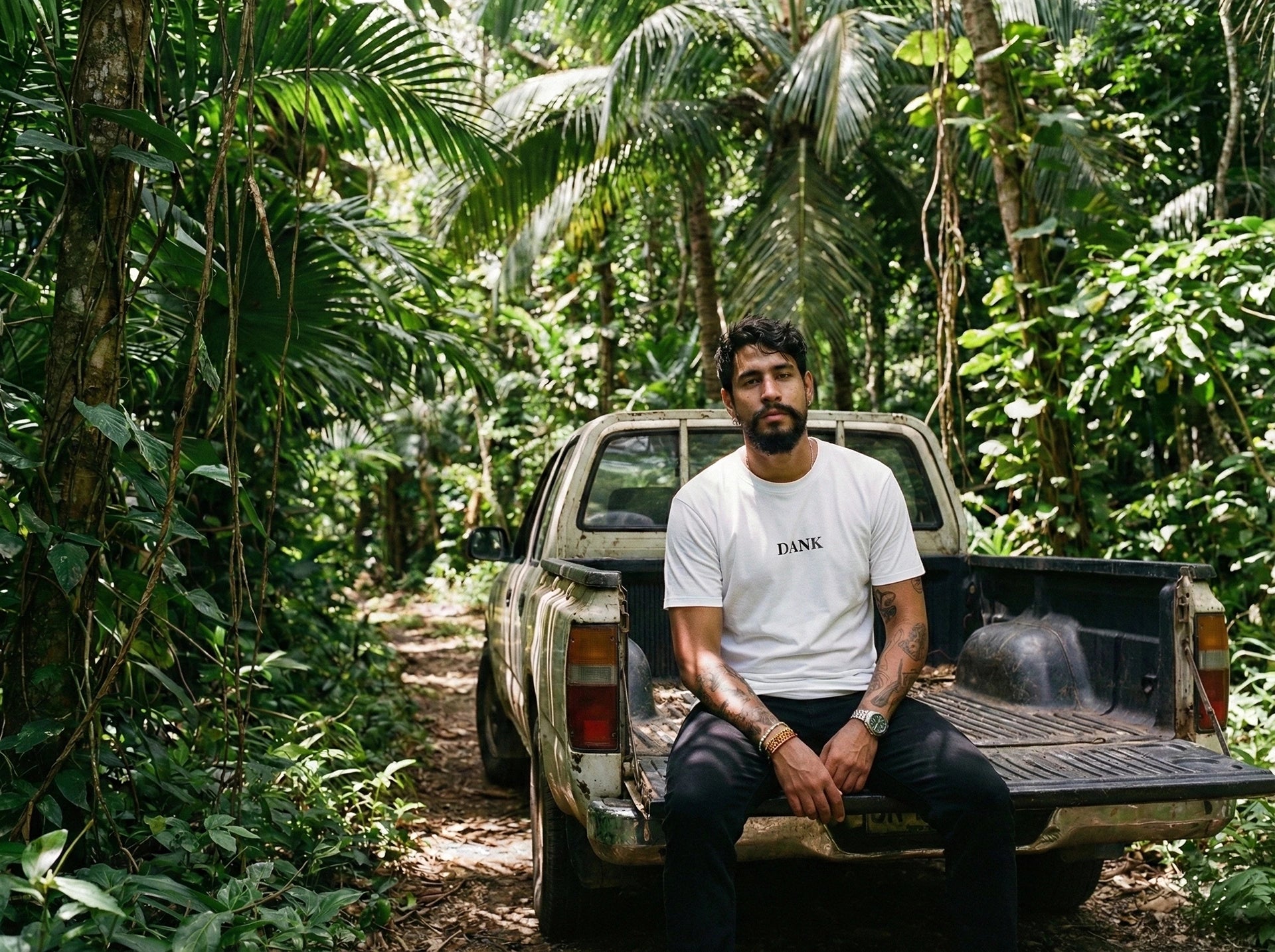 Man sitting on a truck bed in a tropical forest wearing a T-shirt that says DANK